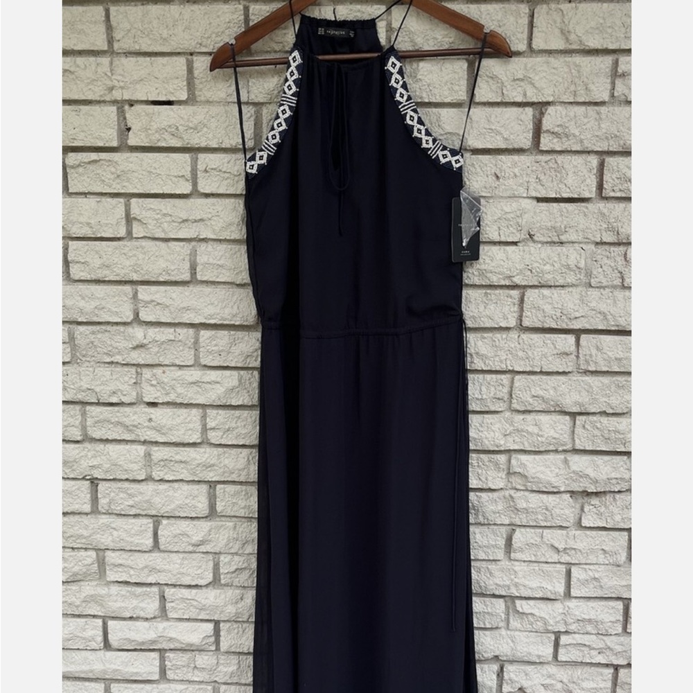 zara Halter Maxi Dress with Embroidered Trim - navy